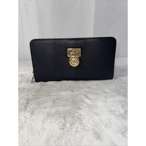 Michael Kors Hamilton Traveler Large Zip- Around Black Leather Wallet